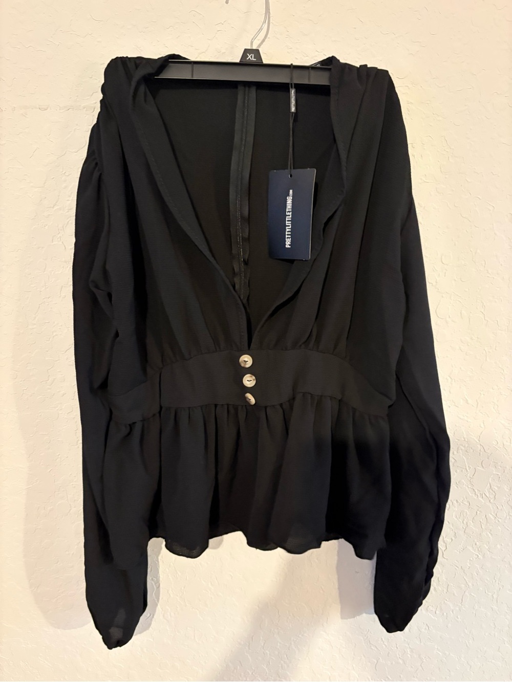 PrettyLittleThing Black Hooded Peplum Button Blouse